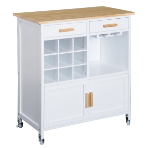 HOMCOM Carro de Cocina Auxiliar con Ruedas Carrito de Servicio con 2 Cajones Botellero para 9 Botellas Soporte para Vasos Estante Abierto y Armario 76x40x88 cm Blanco