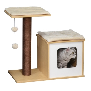 Arbre à chats design griffoir sisal naturel niche plate-forme boules suspendues MDF bois clair