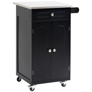 HOMCOM Chariot de service desserte de cuisine à roulettes multi-rangements 1 tiroir placard 2 portes avec étagère porte-torchons MDF noir acier inoxydable
