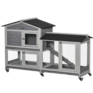 Clapier sur roulettes cage à lapins 2 niveaux 3 portes bois sapin gris