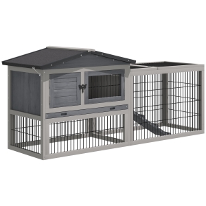 PawHut Coelheira de Exterior de Madeira Gaiola para Coelhos com Múltiplas Entradas Bandeja Removível e Grande Espaço Interior 150x52.5x68cm Cinza