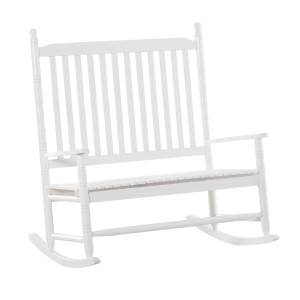 Outsunny Sedia a Dondolo, Panchina da Giardino 2 Posti con Schienale Alto e Braccioli in Legno 117x85x120cm, Bianco