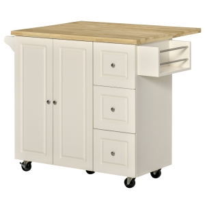 HOMCOM Küchenwagen mit Arbeitsplatte Rollen Schublade und verstellbares Regal Gummiholz MDF Weiß+Natur 111,5 x 45-75 x 89 cm