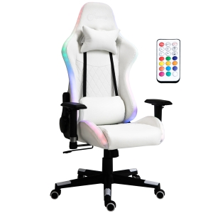 Vinsetto Gaming Stuhl mit RGB LED-Beleuchtung und Kissen Rückenlehne verstellbar Kunstleder Weiß+Schwarz 68 x 68 x 126-136 cm
