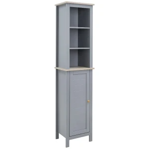 Kleankin Freestanding Bathroom Cabinet with 3-Tier Shelf and Cupboard, Tall Slim Linen Tower Side Organizer, Grey