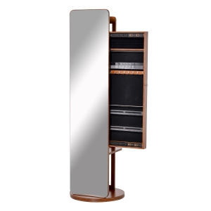 HOMCOM Full Length Mirror with Jewelry Cabinet, Hanging Cloth Bar, Coat Rack, 360° Rotate Floor Mirror for Bedroom, Living Room, Light Walnut