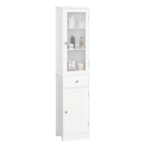 kleankin Bathroom Storage Cabinet with 3-tier Shelf Drawer Door, Floor Cabinet Free Standing Tall Slim Side Organizer Shelves, White