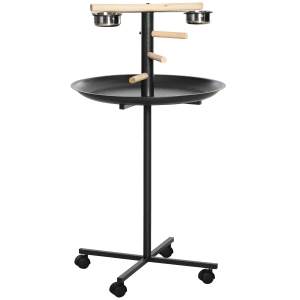 PawHut Bird Play Stand Portable, Parrot Perch, Bird Feeder Station, with Four Wheels Stainless Steel Feeding Bowls Round Tray, Grey
