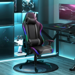 Vinsetto LED Light Racing Chair Ergonomic PU Leather Thick Padding High Back w/ Removable Pillows Adjustable Height 5 Wheels 360° Swivel Rocking Gaming Chair Black