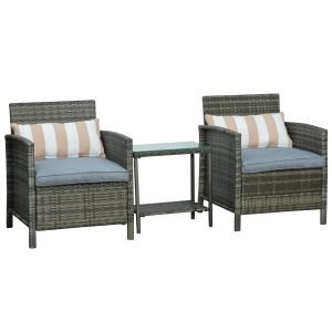 Outsunny 2-Seater PE Rattan Side Table & Armchair Set w/ Pillows Grey