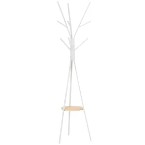 HOMCOM Metal Coat Rack Stand, 180cm Free Standing with 9 Hooks, 1 Shelf for Hats, Bags, Hall Tree Hanger for Hallway, Living Room, White.