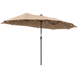 Outsunny Ombrellone da Giardino Doppio 4.5m con 48 Luci LED e Manovella, Cachi