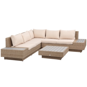 Outsunny Set da Giardino 4 Pezzi in Rattan, Divano Angolare con Cuscini e Tavolini, Marrone chiaro