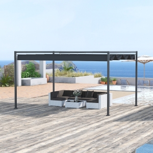 Outsunny 4 x 3(m) Metal Pergola Gazebo Patio Sun Shelter Grape Tent Retractable Canopy Grey