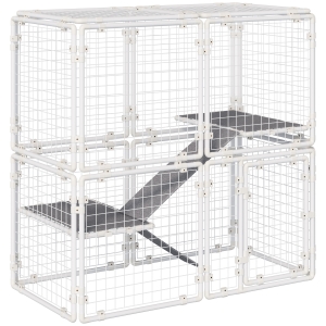 Pawhut Valla Metálica para Mascotas Parque para Conejos con 16 Paneles Puerta con Pestillo y Escalera para Cobayas Gatos Cachorros Diseño DIY 68x68x2,5 cm Blanco