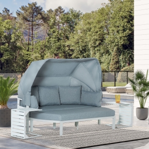 Outsunny 4 Pieces Outdoor Garden Sofa Set, Patio Lounge Bed Furniture Set, with Canopy, Padded Cushions & Side Tables, White