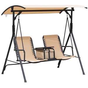 Outsunny 2-Seat Swing Chair Steel Frame Adjustable Canopy Sling Seats w/Middle Table