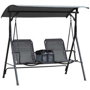 Outsunny 2-Seat Swing Chair Middle Table Steel Frame Adjustable Canopy Sling Seats Grey