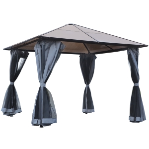 Outsunny Pérgola de jardim 3x3 m com telhado de policarbonato 4 cortinas laterais e 4 redes mosquiteiras com zíper de estrutura metálica Multicolor