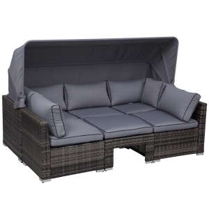 Outsunny Rattan Lounge Set, Sitzgruppe mit Sonnendach, Garten Loungegruppe, inkl. Kissen und Beistelltisch, Metall, Grau, 215 x 75 x 64 cm