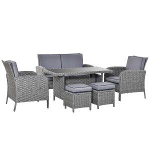Outsunny 6-tlg. Luxus Polyrattan Garten Essgruppe Gartengarnitur Gartenmöbel Garten-Set Sitzgruppe Loungemöbel inkl. Esstisch und Fußhocker Sitzkissen Grau