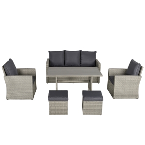 Outsunny Poly Rattan Sitzgruppe 6 tlg. Garten Essgruppe Sofa-Set Sofa Lounge Hocker Hof Balkon Pool PE Rattan Grau