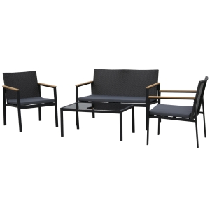 Outsunny Garten Möbelset, 4-teilige Sitzgruppe, Sitzgarnitur, 3 Sofa, Couchtisch, mit Sitzkissen, PP Rattan, Schwarz 108 x 66 x 75 cm