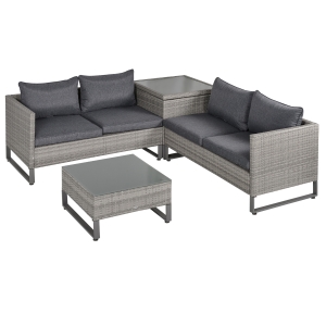 Outsunny 4-tlg. Luxus Polyrattan Gartengarnitur Gartenmöbel Garten-Set Sitzgruppe Loungeset Loungemöbel inkl. Aufbewahrungsbox und Beistelltisch Sitzkissen Grau