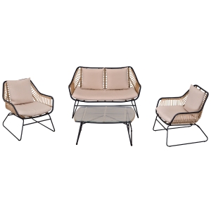 Outsunny Polyrattan Gartenbank 4-teiliges Rattensofa-Set für Pause Teetisch aus gehärtetem Glas Sitzbank mit Tisch & Kissen Stahlrahmen Stahl Polyester Khaki+Beige