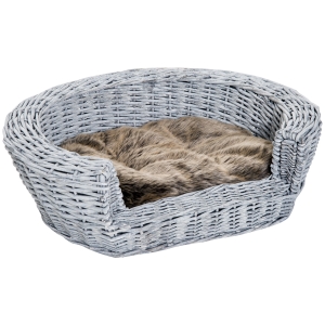 PawHut Cama para Perros de Mimbre Cesta de Mimbre para Gatos Perros Mascotas con Cojín Lavable 57x46x17,5 cm Gris
