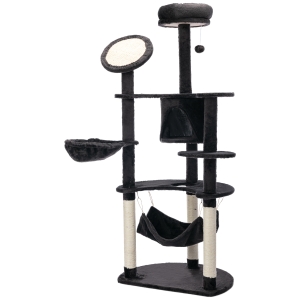 PawHut Árvore Arranhador para Gatos Grande Altura 153cm Torre de Escalada para Gatos com Caverna Redes Plataformas Postes Arranhadores de Sisal e Bola Suspensa Cinza Escuro