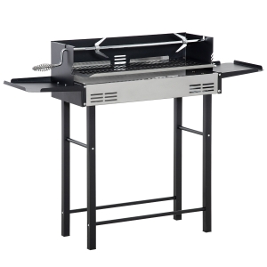Outsunny Holzkohlegrill Campinggrill mit Grillrost und Rotisserie-Kit klappbar faltbar Camping Garten BBQ Rostfreier Stahl+Metall Schwarz 118 x 32 x 90 cm