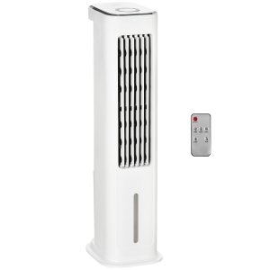 HOMCOM Ventilador de Torre 75W Altura 86 cm Oscilante con Control Remoto Depósito 5L 3 Modos 3 Velocidades Temporizador 12h y Pantalla LED Táctil 23x29x86 cm Blanco