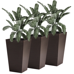 Outsunny Conjunto de 3 Vasos Quadrados para Plantas Flores 3 Vasos com Imitação de Vime para Jardim Terraço Interior e Exterior 36,5x36,5x61cm Marrom