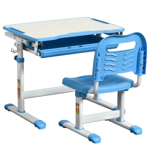HOMCOM Banco Scuola con Sedia Regolabili in Altezza per Bambini 6-12 Anni Cassetto e Piano Inclinabile - Blu
