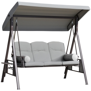 Outsunny Columpio Balancín de Jardín de 3 Plazas con Techo Parasol 2 Cojines Bandeja para Bebidas y Marco de Metal para Terraza Balcón Exterior Carga Max. 360 kg 116x206x183 cm Gris