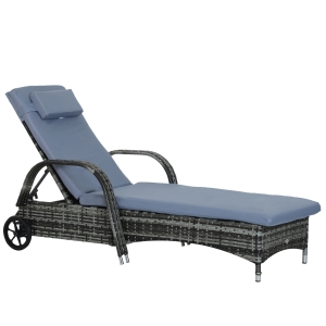 Outsunny Gartenliege Sonnenliege Rattanliege Gartenmöbel Liege mobil mit Kissen, Polyrattan+Metall, Grau, 200x73x30-103cm