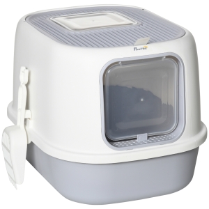 PawHut Caja de Arena para Gatos Arenero Cerrado para Gatos con Entrada Delantera Salida Superior Bandeja Extraíble y Pala 40x53,5x37,5 cm Crema y Gris