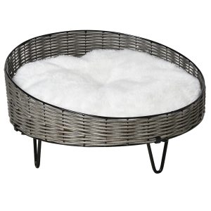 PawHut Cuccia per Cani e Gatti Rialzata in Rattan PE Lettino per Cani di Taglia Piccola con Cuscino Grigio Scuro
