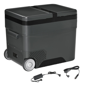Outsunny Frigorífico e Congelador de Compressor Portátil 45L Refrigerador de Carro 12/24V CC com Temperatura de 10℃ a -22℃ Tela LCD Tátil Alças de Transporte e Rodas 63,2x42x50,8cm Cinza