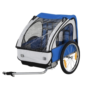 Homcom Rimorchio Bici Bambini 2 Posti con Cinture di Sicurezza in Acciaio e Tessuto Oxford Blu