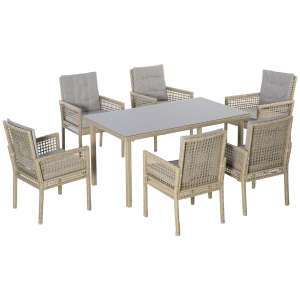 Outsunny Conjunto Móveis de Refeição para Jardim 7 Peças 1 Mesa de Vidro e 6 Cadeiras de Vime com Encosto Respirável e Almofadas Acolchoadas para Terraço Exterior Cinza e Natural
