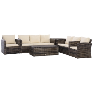 Outsunny Conjunto de Móveis de Jardim de Vime 6 Peças Sofá Duplo de 3 Lugares 2 Poltronas Individuais 2 Mesas Auxiliares com Armazenamento e Almofadas Marrom e Creme