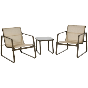 Outsunny Conjunto de Móveis de Jardim 3 Peças Mesa de Vidro Temperado 43x43x41cm e 2 Cadeiras 62x78x75cm com Apoio para os Braços e Encosto Respirável para Terraço Balcão Bege