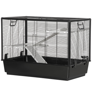 PawHut Jaula Pequeña para Roedores 80x48x58 cm Jaula para Hámster con 2 Puertas 2 Rampas 2 Plataformas Comedero y 2 Asas Portátil para Cobayas Ratoncillos Negro