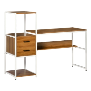 HOMCOM Escritorio con Estantes Mesa de Ordenador con Múltiples Estantes 2 Cajones y Patas Ajustables para Oficina Estudio Despacho 140x50x110 cm Nogal y Blanco