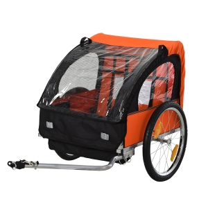 Homcom Rimorchio Bici Bambini 2 Posti con Cinture di Sicurezza e Copertura Arancione