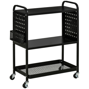 HOMCOM Carrito de Cocina con Ruedas Carro de Almacenamiento de 3 Niveles 5 Ganchos 2 Cestas Colgantes y Frenos para Baño Salón Dormitorio 70x33,4x80,5 cm Negro