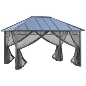 Outsunny Pérgola de Jardim 4x3m Pérgola de Exterior com Teto de Policarbonato 4 Telas Mosquiteiras com Zíper e Estrutura de Alumínio para Festas Eventos Cinza