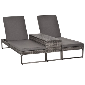 Outsunny PE Rattan 2-Seat Outdoor Garden Sun Lounger Set w/ Table Grey